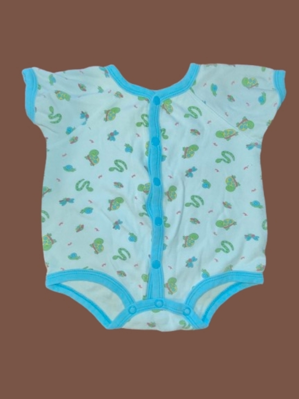 White Baby Bodysuit with Blue Trim and Green Turtle Print